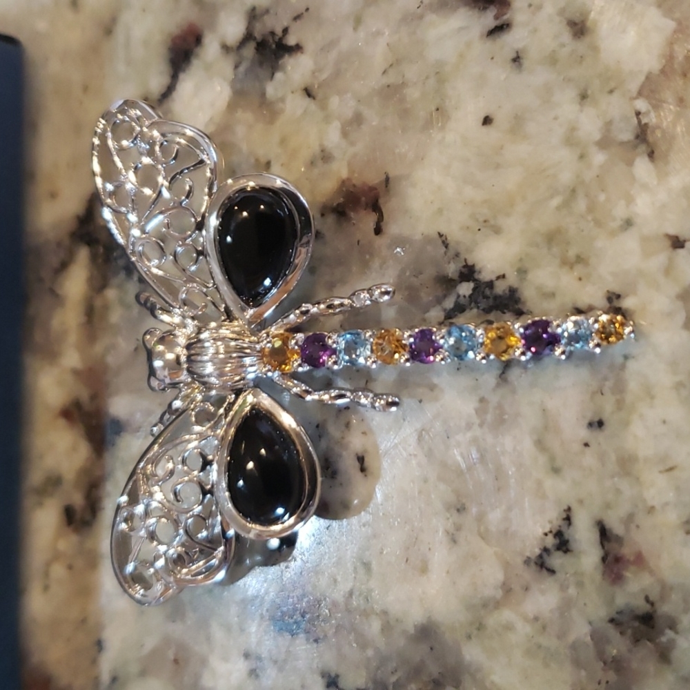 Sterling Silver 925/1000 Dragonfly Brooch 1.5" with Semi Precios Stones NWT